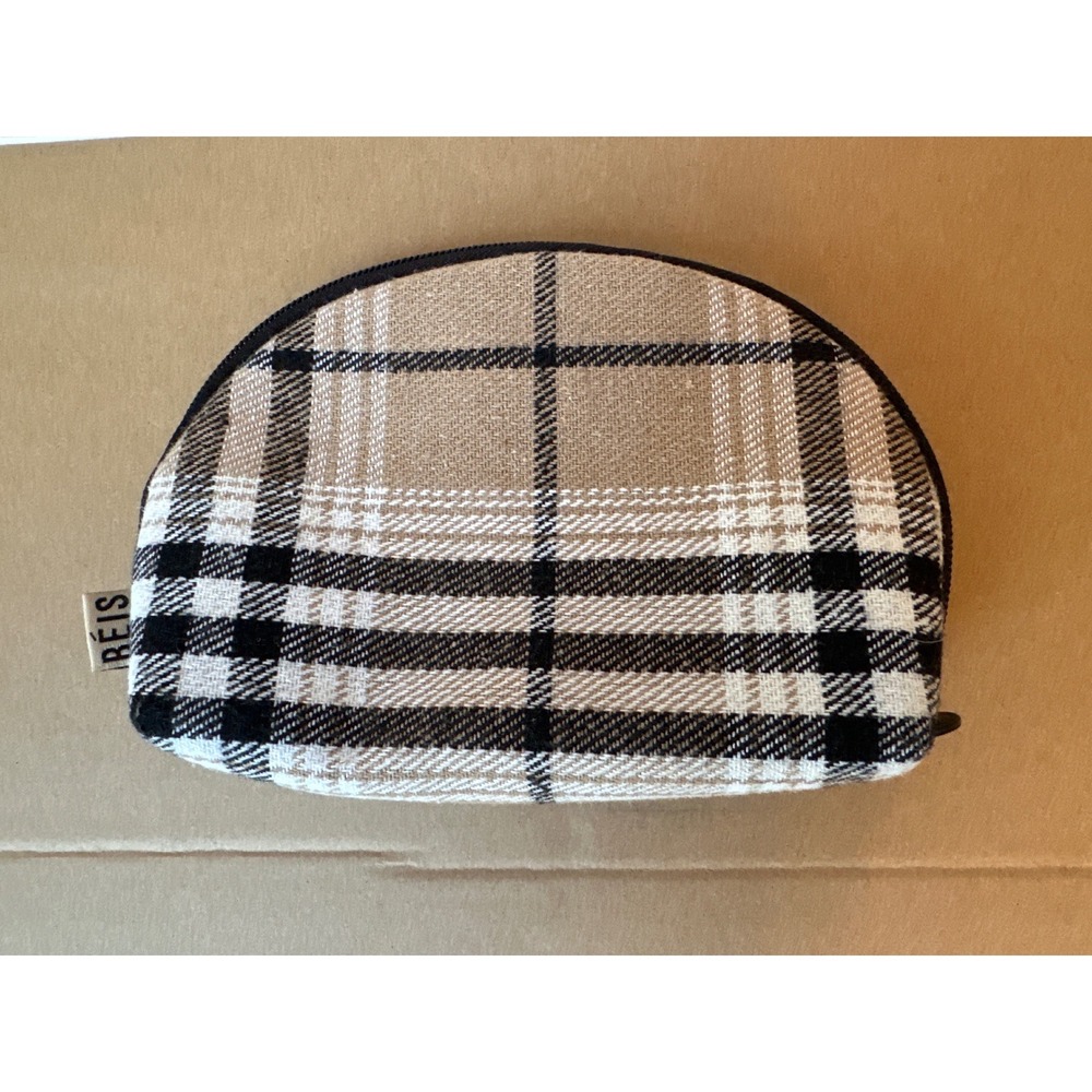 BEIS Plaid Cosmetic Pouch Plaid Tan Black White Dome Small Makeup Travel Pouch